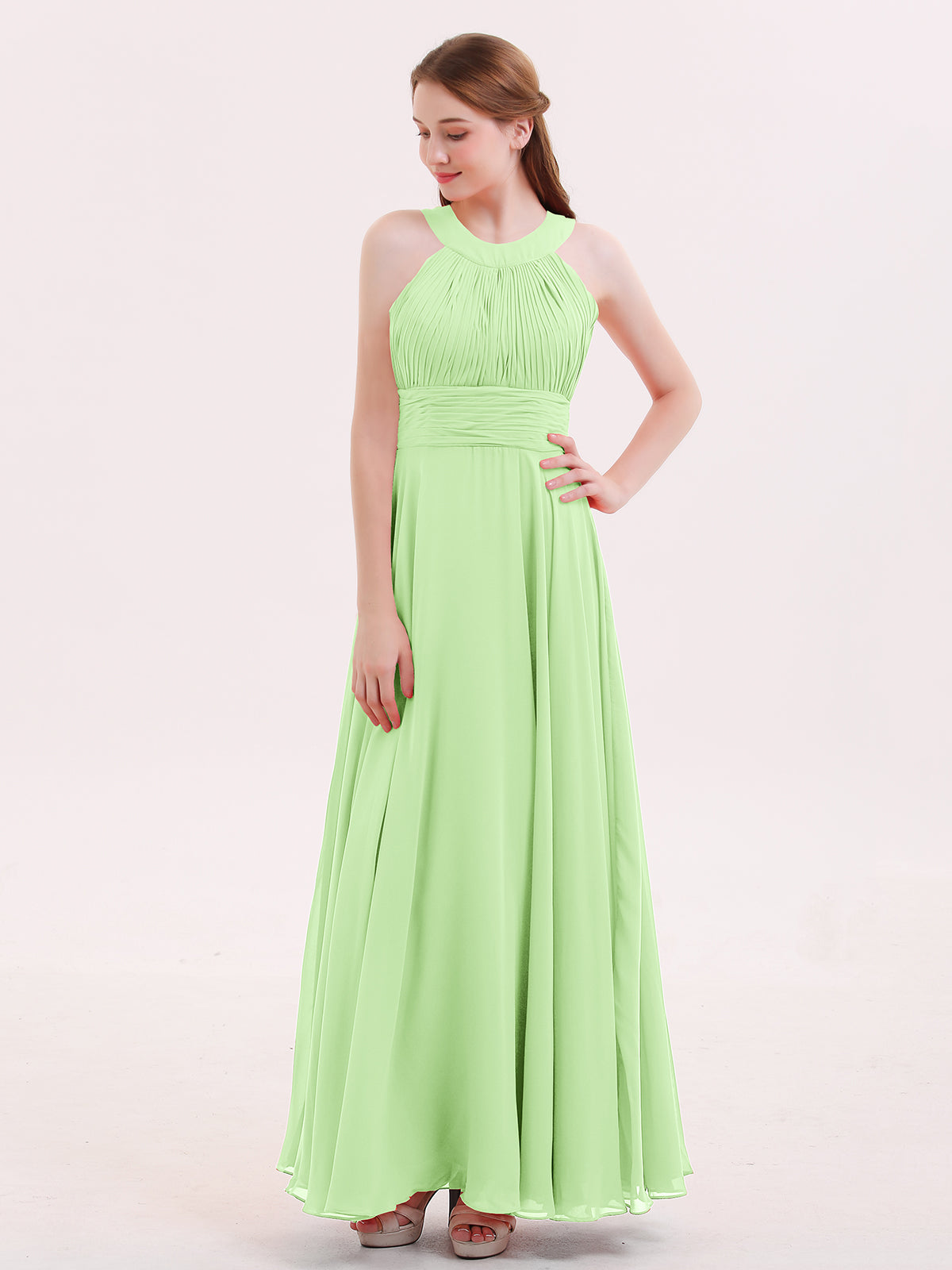 BABARONI Halter Neck Open Back Chiffon Bridesmaid Dress-Sage, Sage / US0