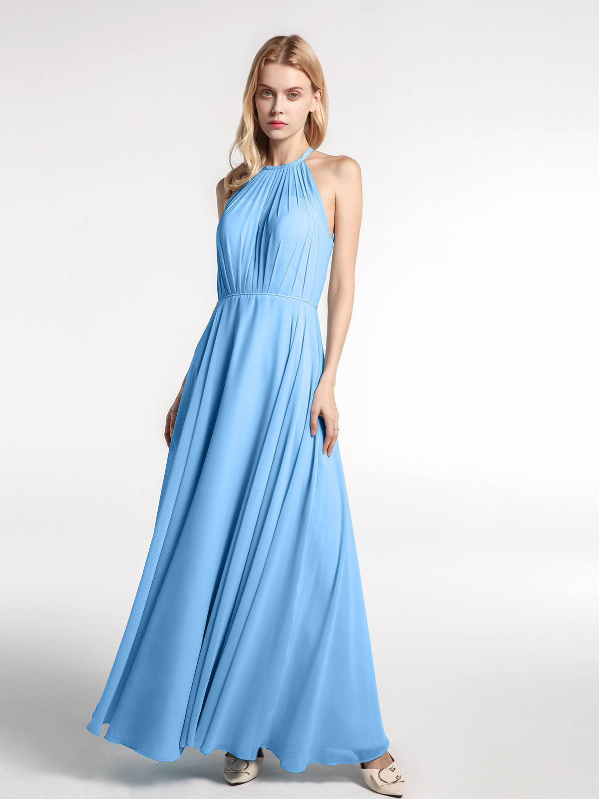 BABARONI Halter Neck Chiffon Maxi Dress with Circle Skirt-Blue, Blue / US0