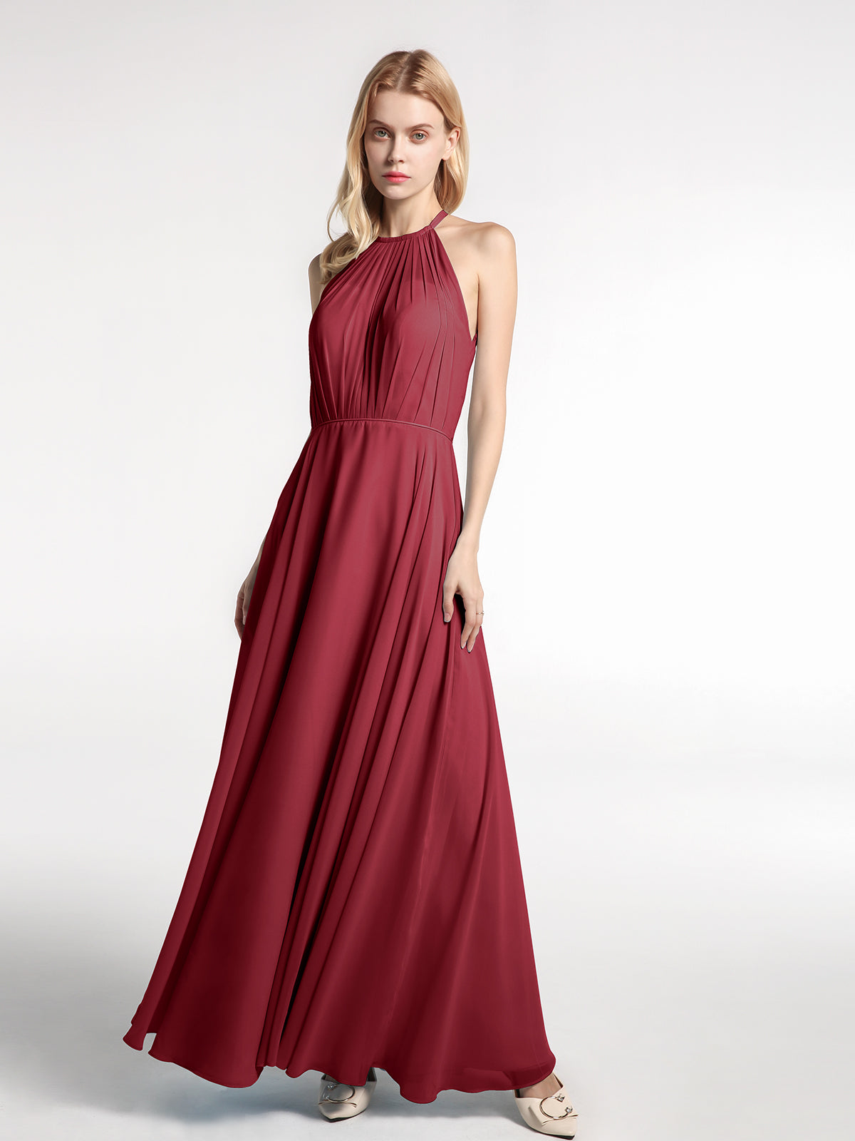 BABARONI Halter Neck Chiffon Maxi Dress with Circle Skirt-Burgundy, Burgundy / US0 BABARONI Halter Neck Chiffon Maxi Dress with Circle Skirt-Burgundy, Burgundy / US0