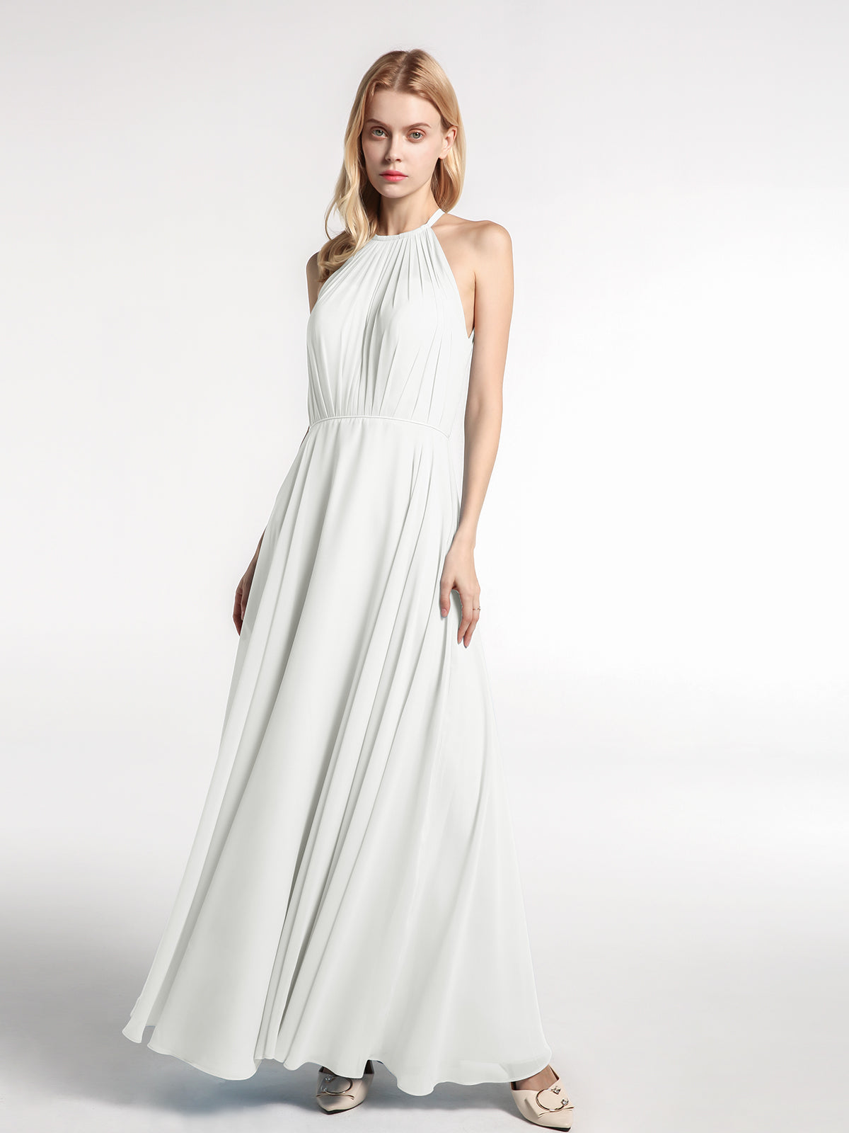 BABARONI Halter Neck Chiffon Maxi Dress with Circle Skirt-Ivory, Ivory / US0 BABARONI Halter Neck Chiffon Maxi Dress with Circle Skirt-Ivory, Ivory / US0