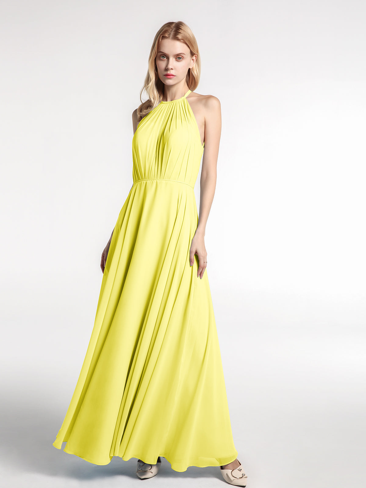 BABARONI Chiffon Lemon Bridesmaid Dresses Halter Floor-length Sleeveless A-line, Lemon / US0