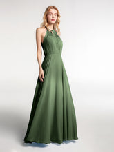 Halter Neck Chiffon Maxi Dress with Circle Skirt-Olive Green