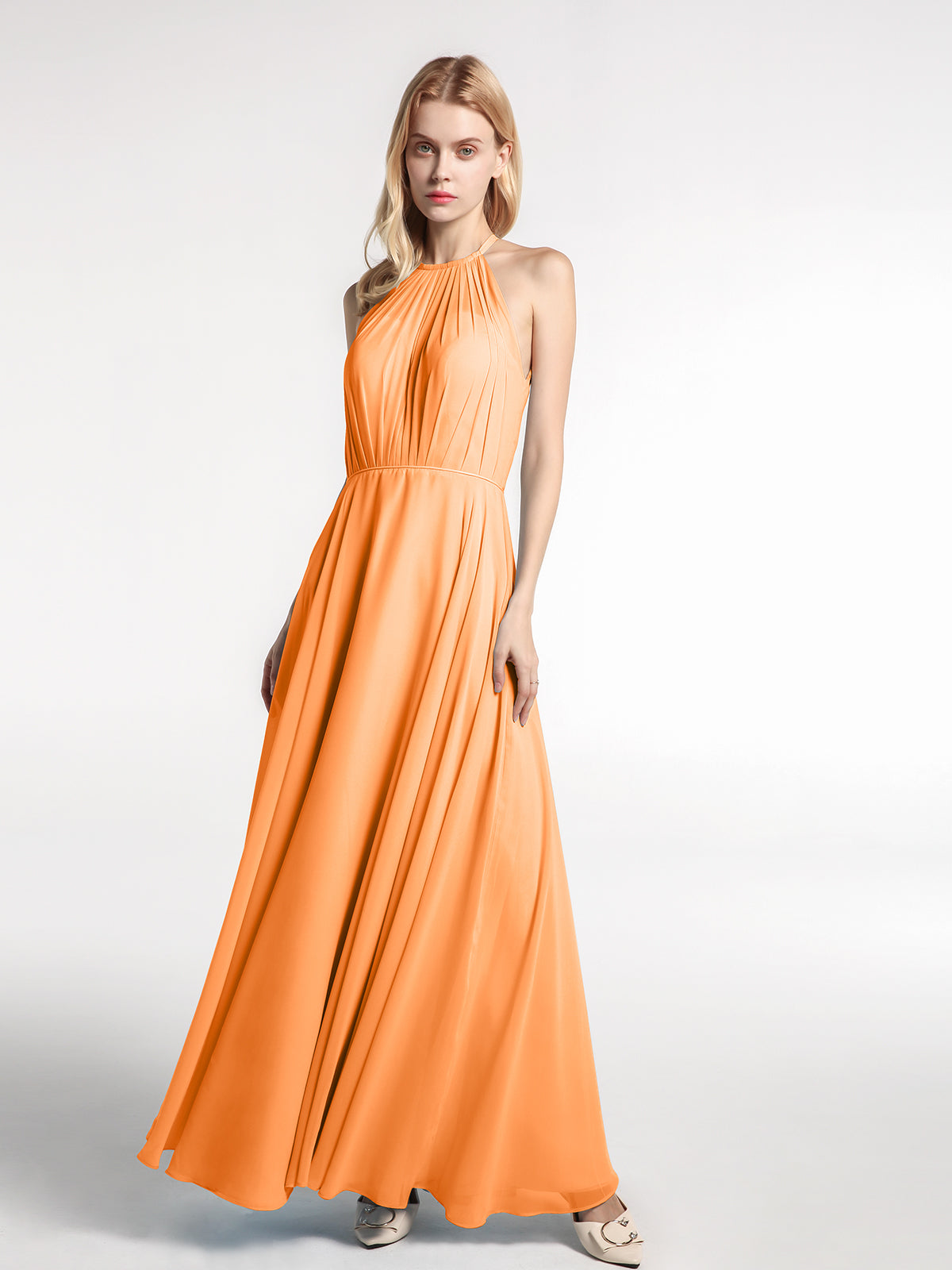 BABARONI Halter Neck Chiffon Maxi Dress with Circle Skirt-Orange, Orange / US0