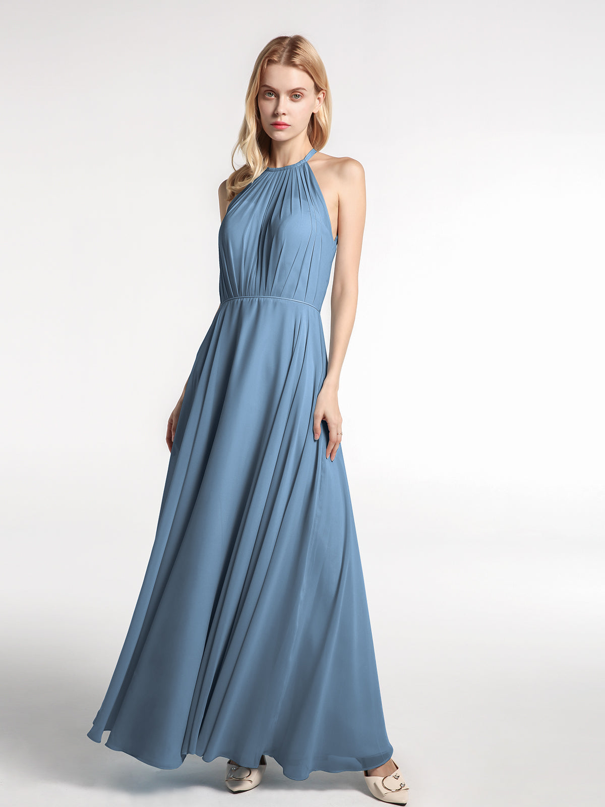 BABARONI Halter Neck Chiffon Maxi Dress with Circle Skirt-Slate Blue, Slate Blue / US0 BABARONI Halter Neck Chiffon Maxi Dress with Circle Skirt-Slate Blue, Slate Blue / US0