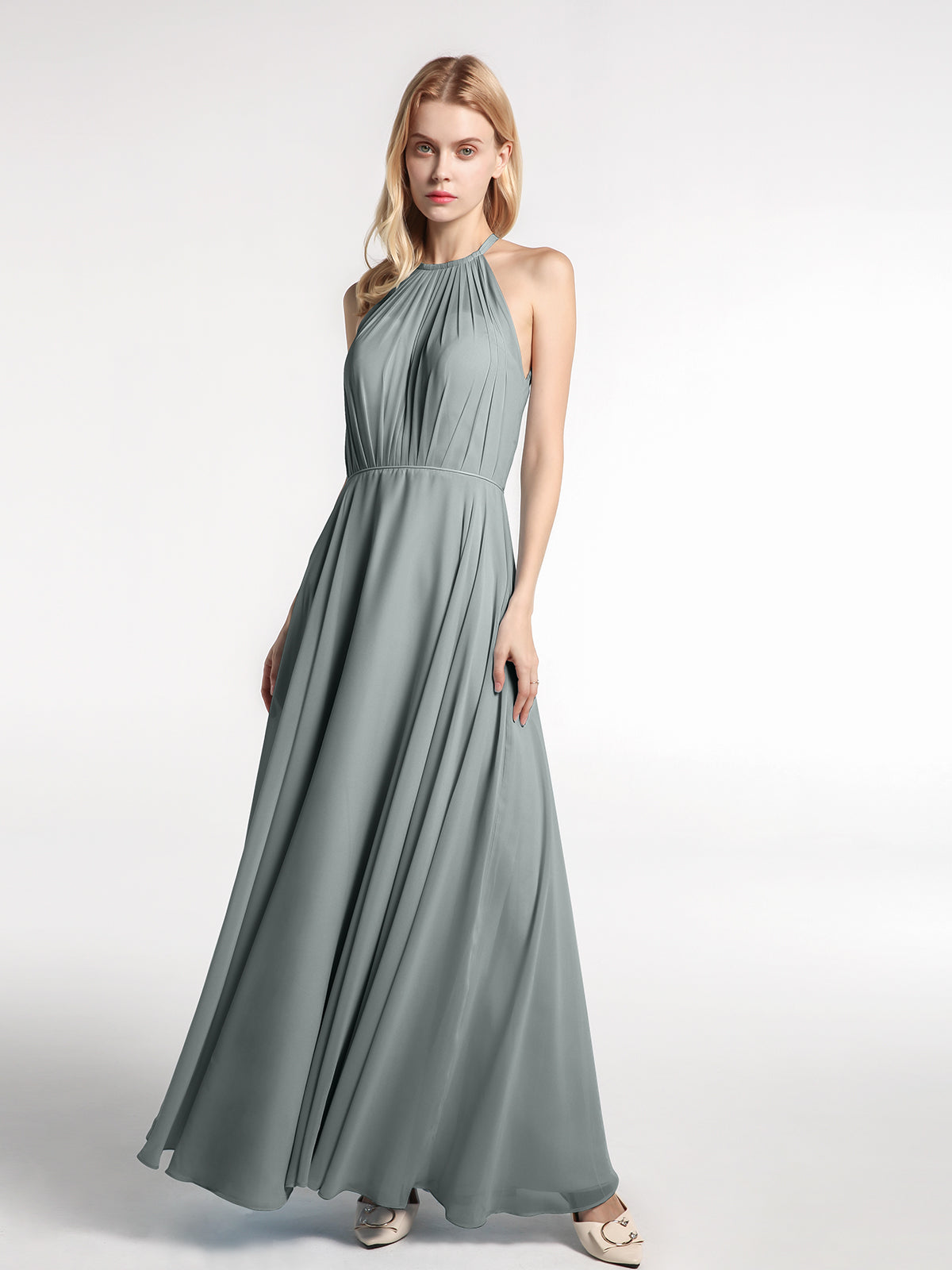 chiffon halter dress BABARONI BABARONI Chiffon Steel Grey Bridesmaid Dresses Halter Floor-length Sleeveless A-line, Steel Grey / US0