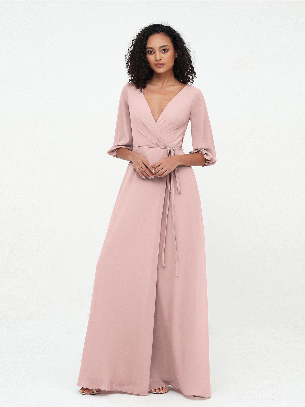 Deep V-neck 1/2 Sleeves Chiffon Max Dresses-Dusty Rose Dusty Rose US0