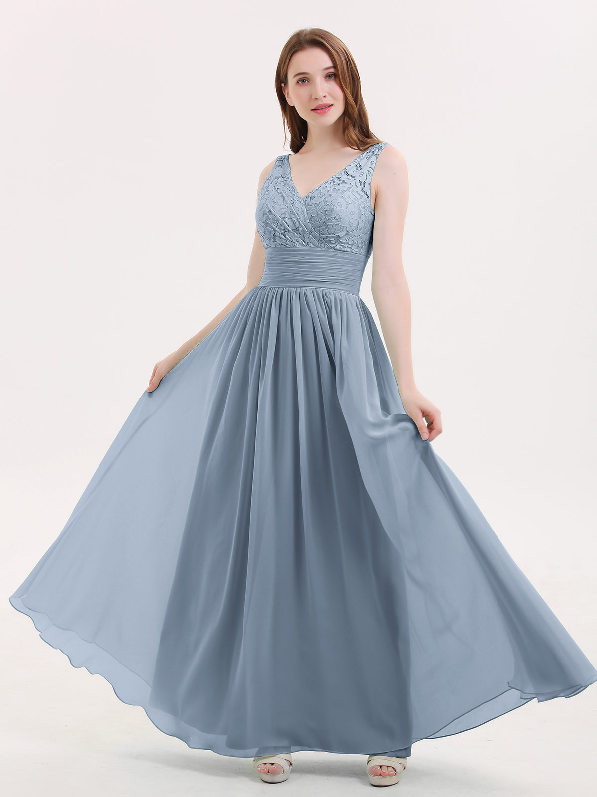 BABARONI Lace and Chiffon Dresses with Open Back-Dusty Blue, Dusty Blue / US0