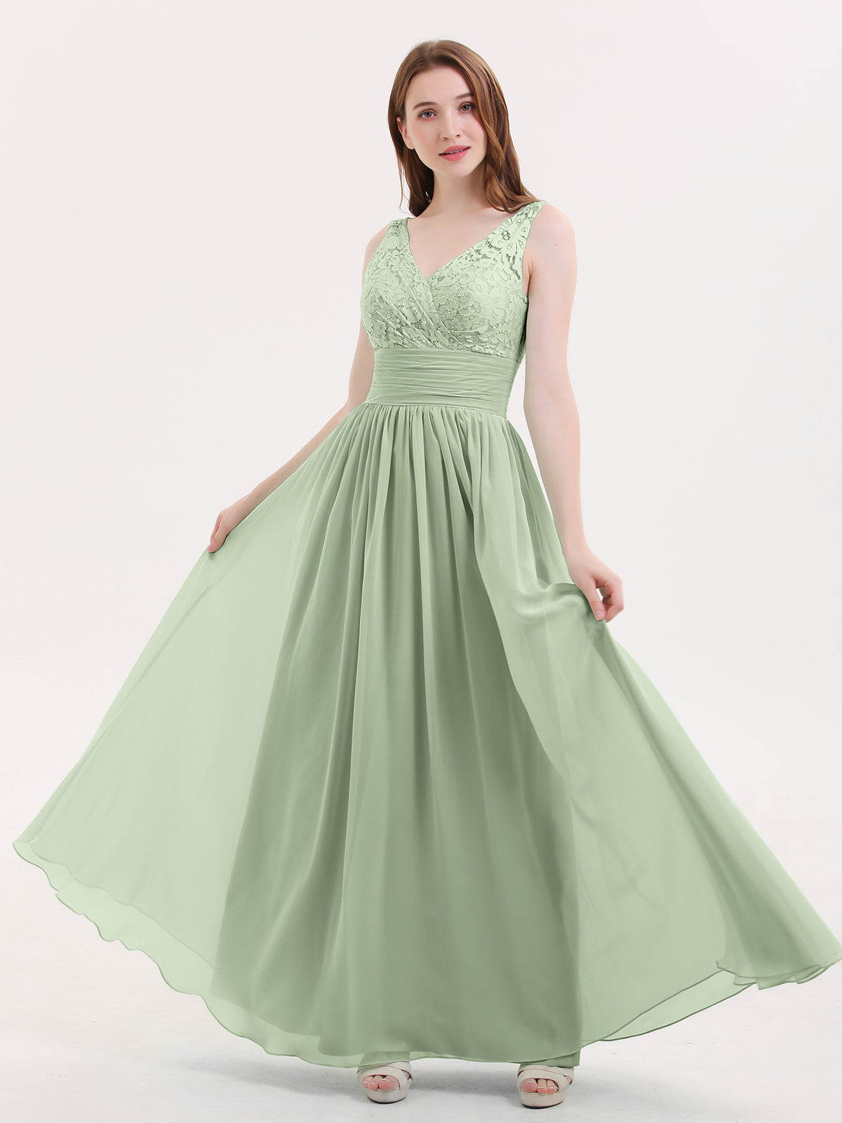 slim fit dress slacks BABARONI Lace and Chiffon Dresses with Open Back-Dusty Sage Plus size, Dusty Sage / US18