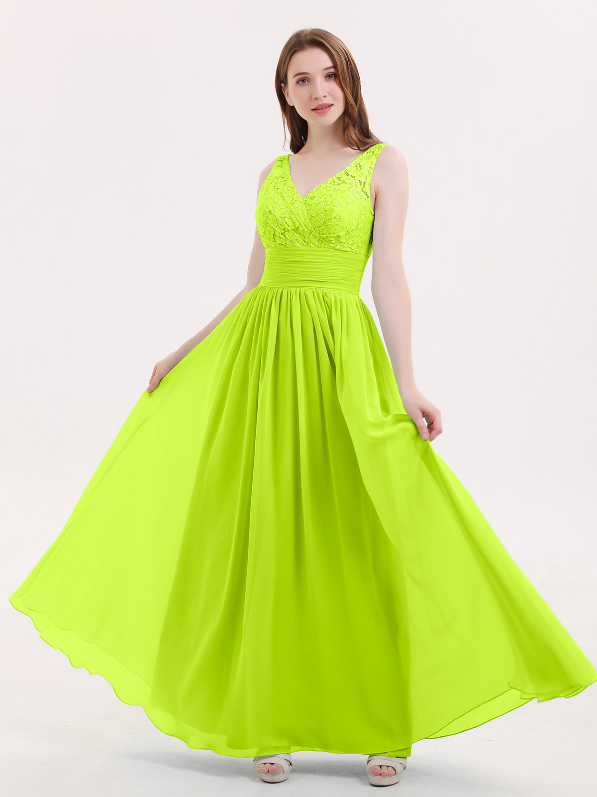 BABARONI Lace and Chiffon Dresses with Open Back-Lime Green, Lime Green / US0