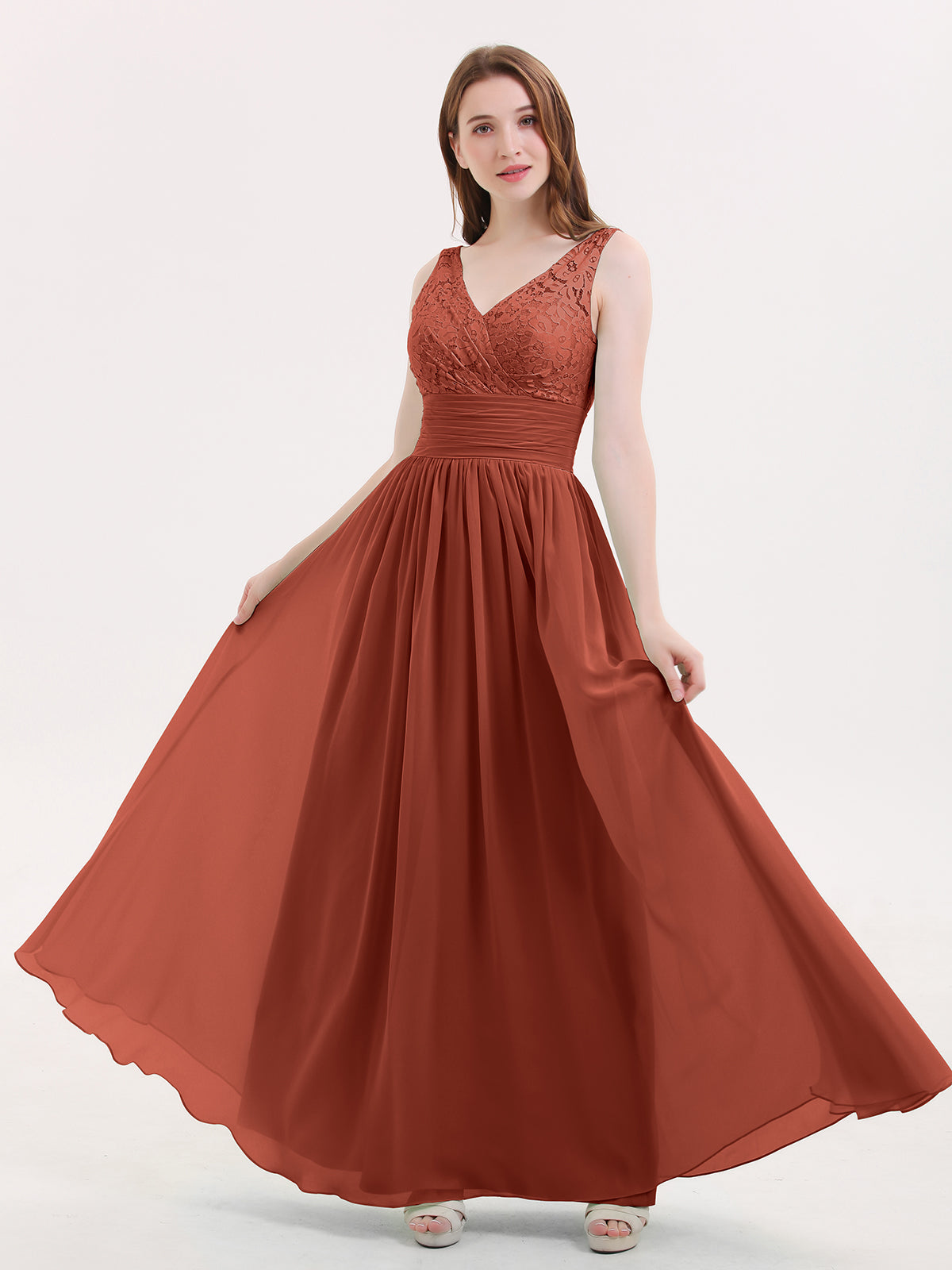 BABARONI BABARONI Chiffon Rust Bridesmaid Dresses V-neck Floor-length Sleeveless Lace A-line, Rust / US18 BABARONI BABARONI Chiffon Rust Bridesmaid Dresses V-neck Floor-length Sleeveless Lace A-line, Rust / US18