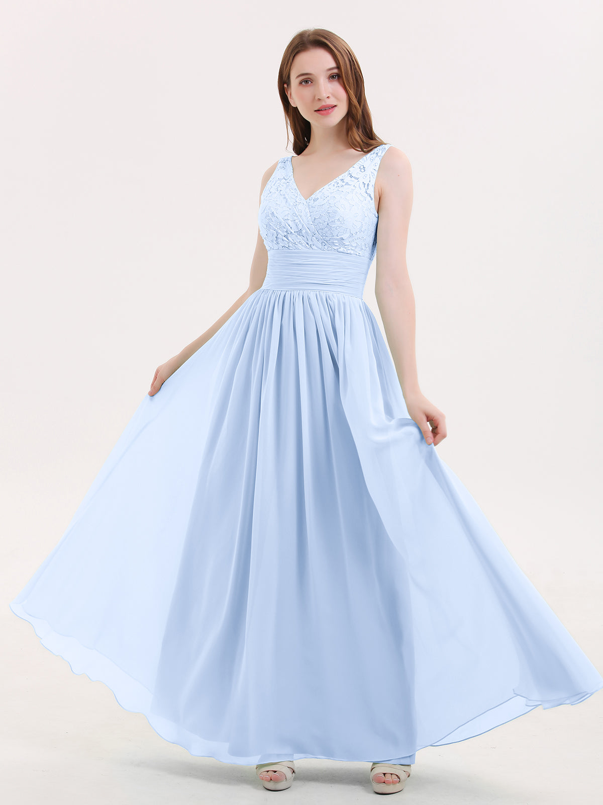 Lace and Chiffon Long Dress with Cap Sleeves Sky Blue Plus Size main image 1