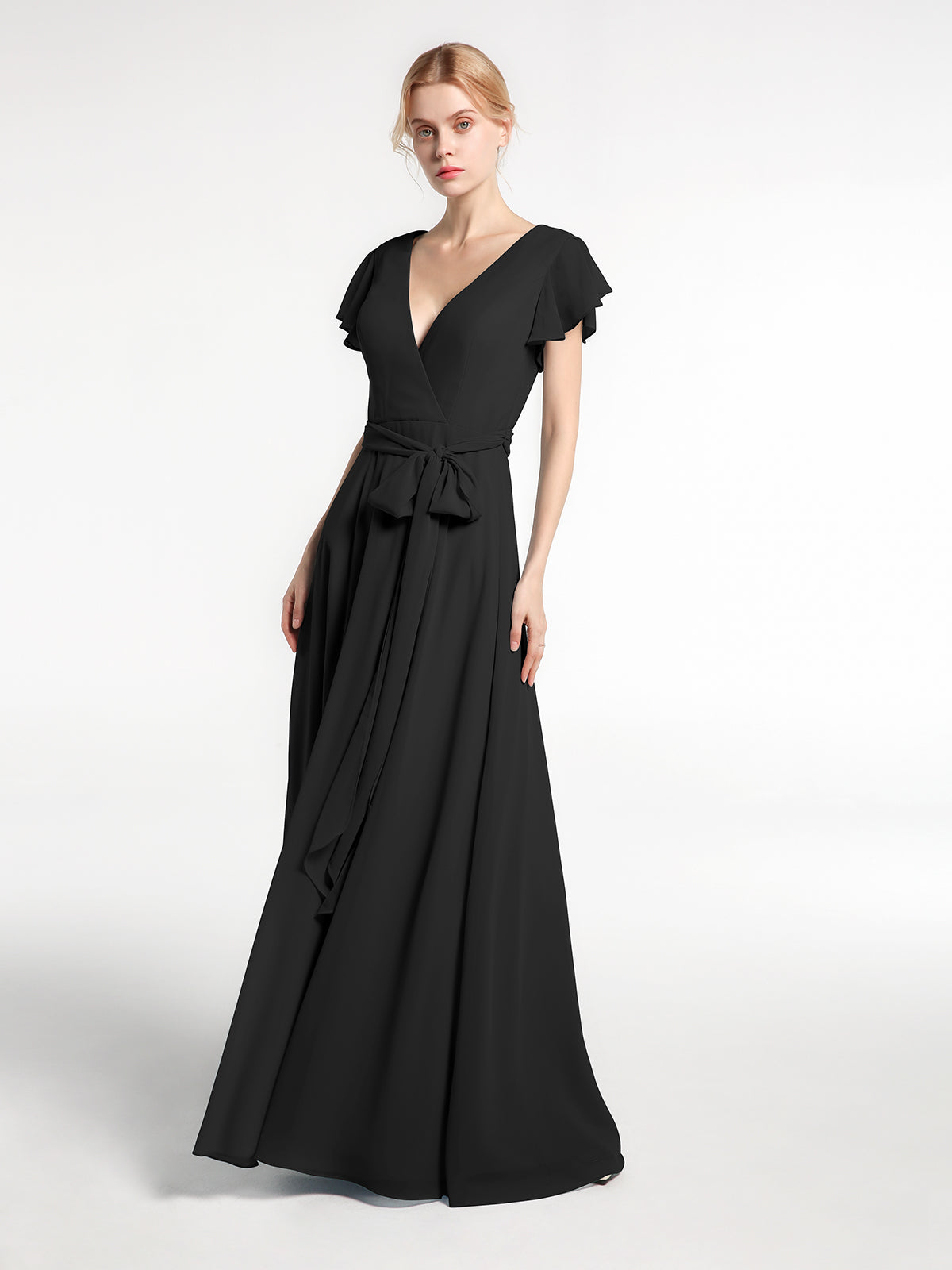 V-neck Cap Sleeves Chiffon Gown with Self-Bow Champagne