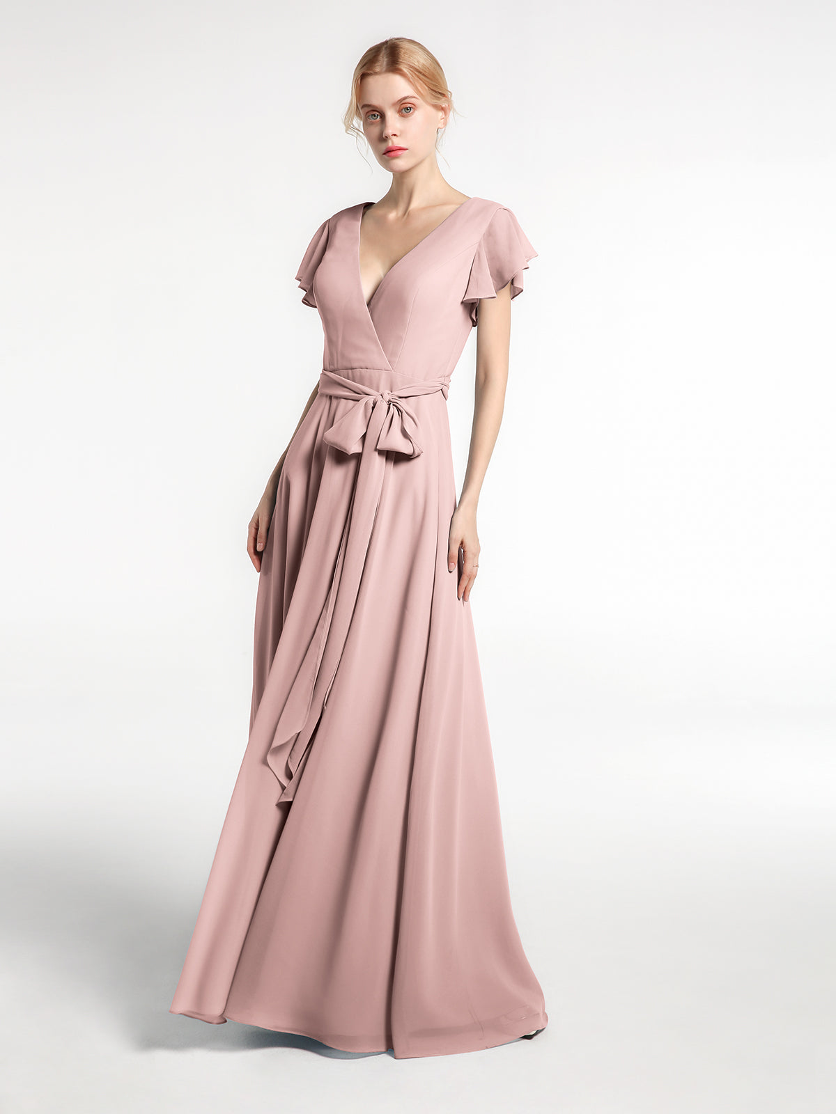 V-neck Chiffon Dresses with Satin Sash Bow Candy Pink Plus Size main image 0