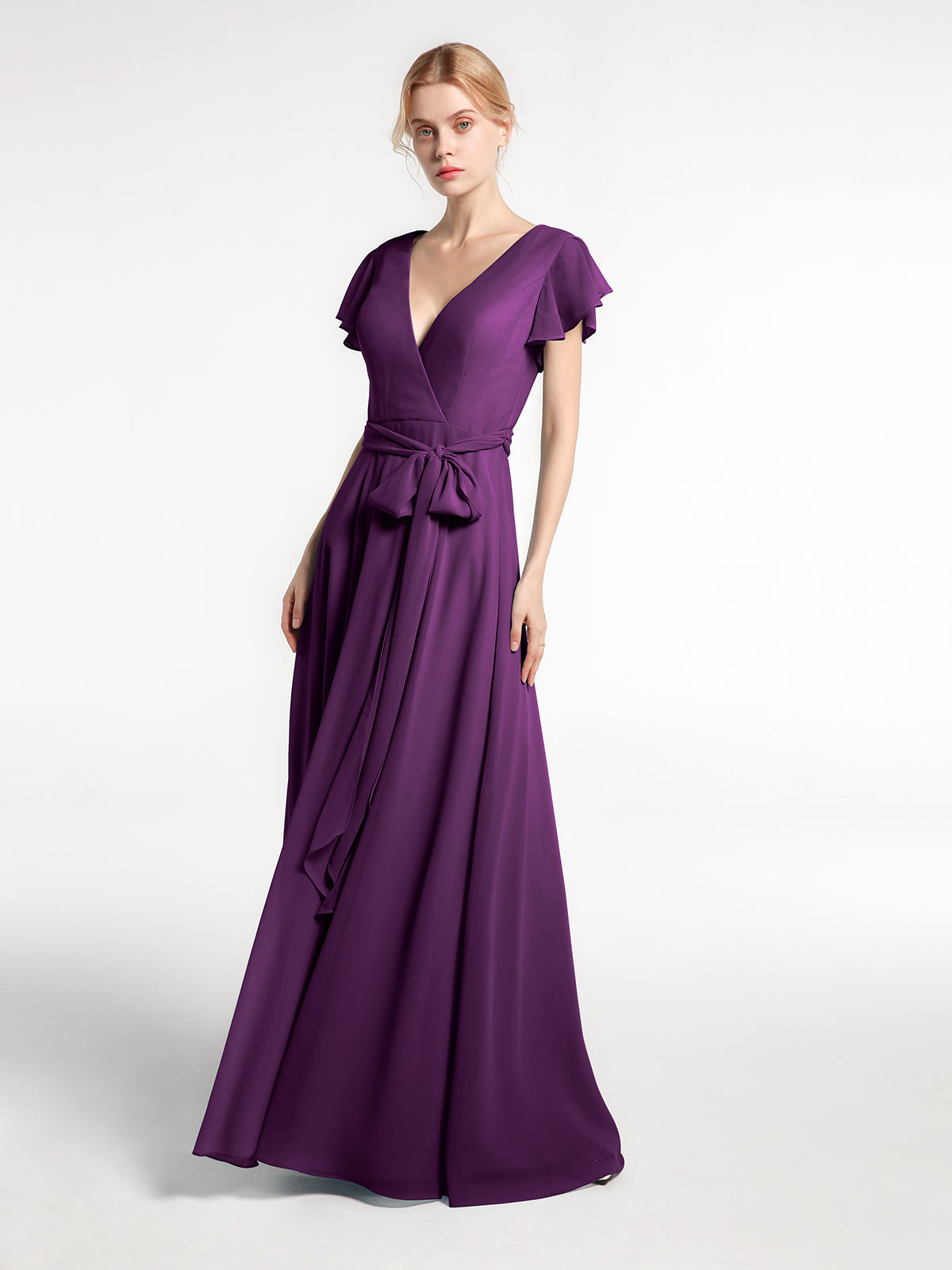 V neck Chiffon Long Dresses with Straps Grape Plus Size main image 0