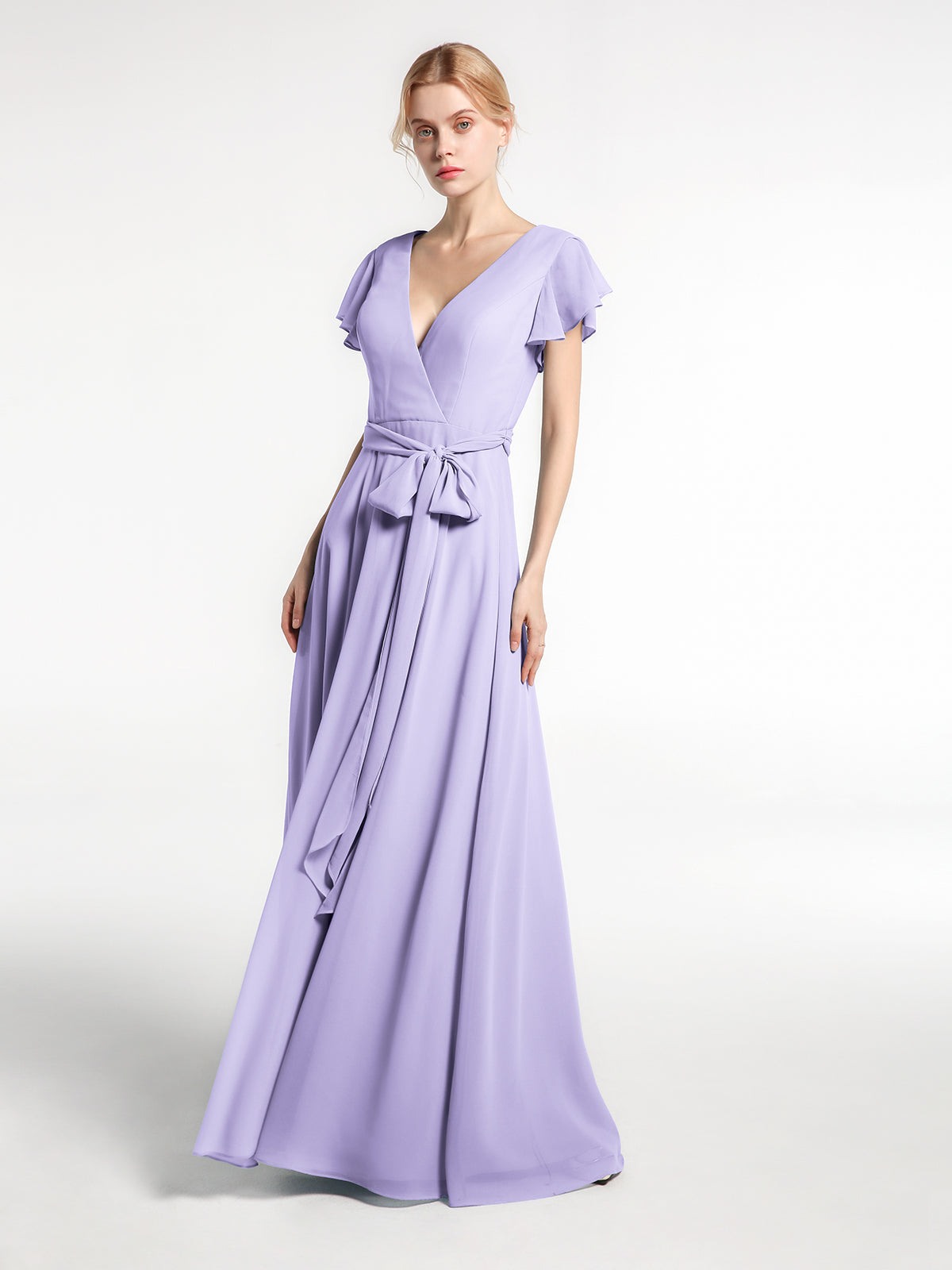 BABARONI Chiffon Lilac Bridesmaid Dresses V-neck Floor-length Cap Sleeve Bow A-line BABARONI Chiffon Lilac Bridesmaid Dresses V-neck Floor-length Cap Sleeve Bow A-line