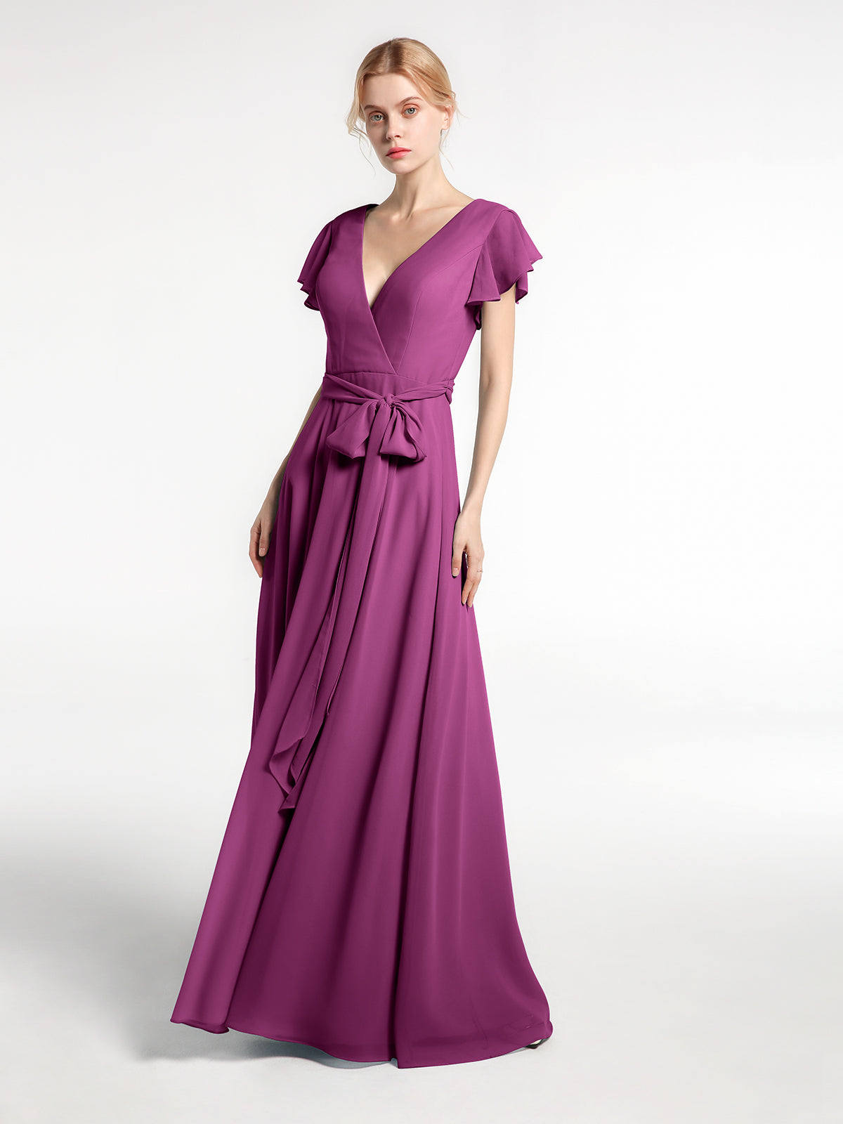 V-neck Cap Sleeves Chiffon Gown with Self-Bow Dusty Sage