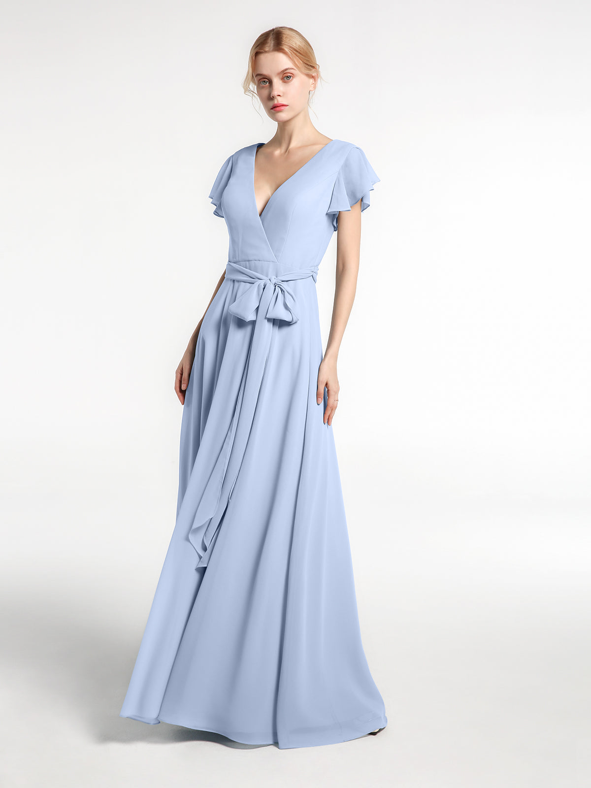 Cap Sleeves Chiffon Dresses with Ivory Bodice Dusty Blue main image 1