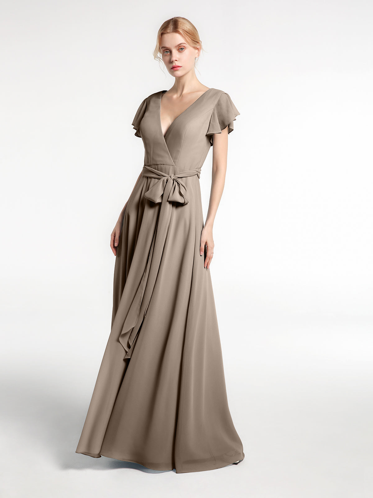 A-line Chiffon Open Back Dress With V-Neck Taupe
