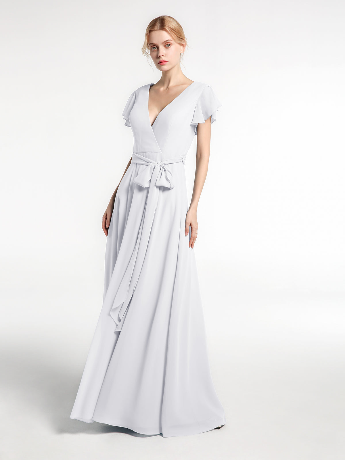 V-neck Cap Sleeves Chiffon Gown with Self-Bow Burgundy