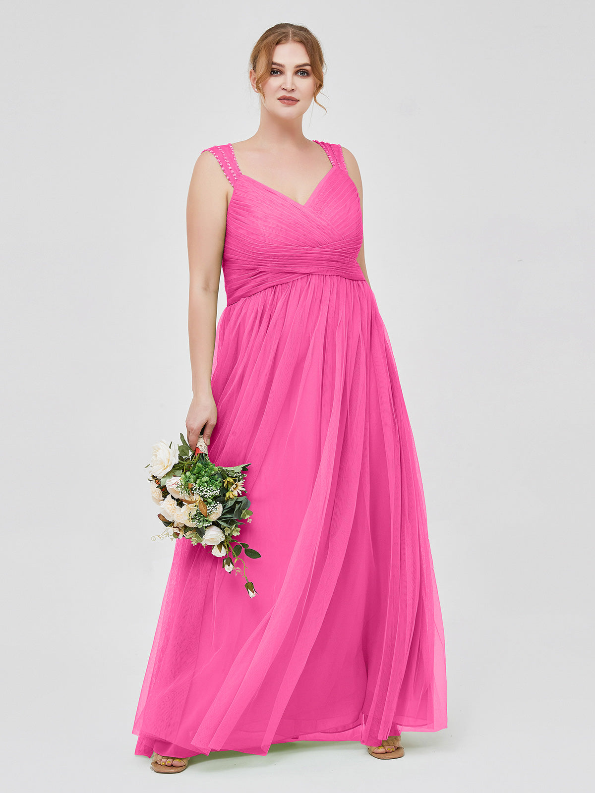 Long Tulle Dress with Beaded Straps Papaya Plus Size