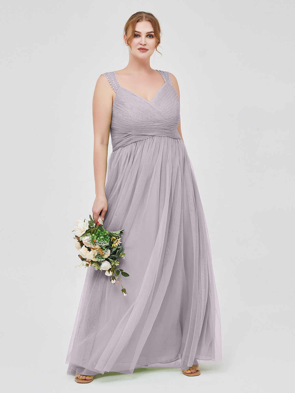 Long Tulle Dress with Beaded Straps Dusk