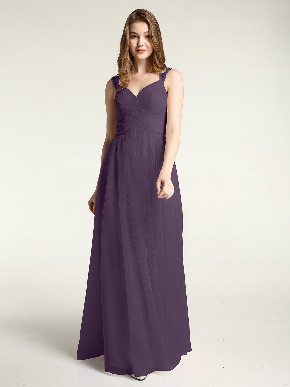 Long Tulle Dress with Beaded Straps Plum