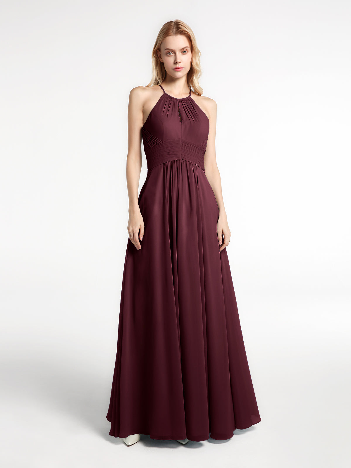 blue dress for baby girl BABARONI Chiffon Cabernet Bridesmaid Dresses Halter Floor-length Sleeveless  Pocket A-line