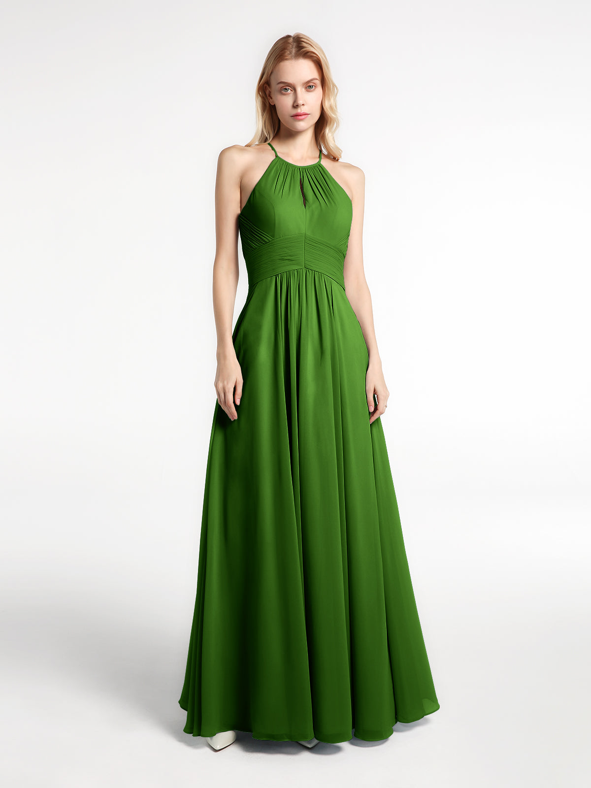 Halter Straps Full Length Chiffon Dresses with Pockets Plum