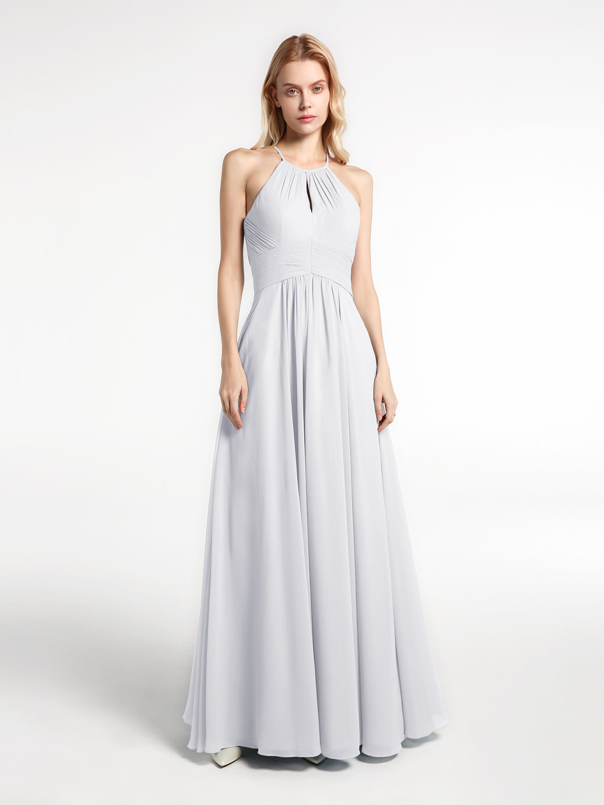 Halter Straps Full Length Chiffon Dresses with Pockets Silver