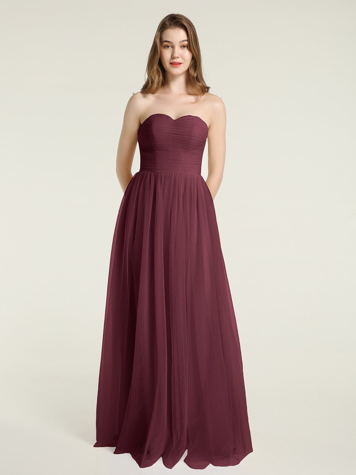 BABARONI Strapless Sweetheart Long Tulle Bridesmaid Dresses-Cabernet, Cabernet / US0
