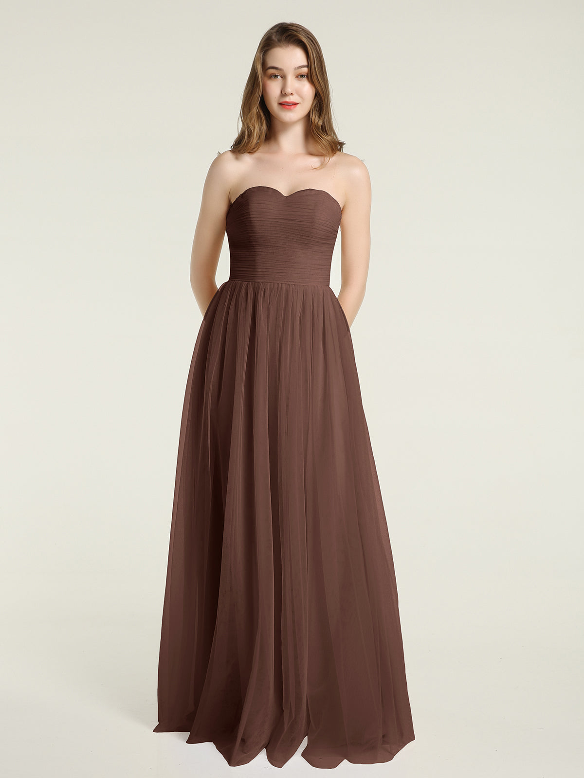 Long Tulle Bridesmaid Dress with Illusion Neck Chocolate