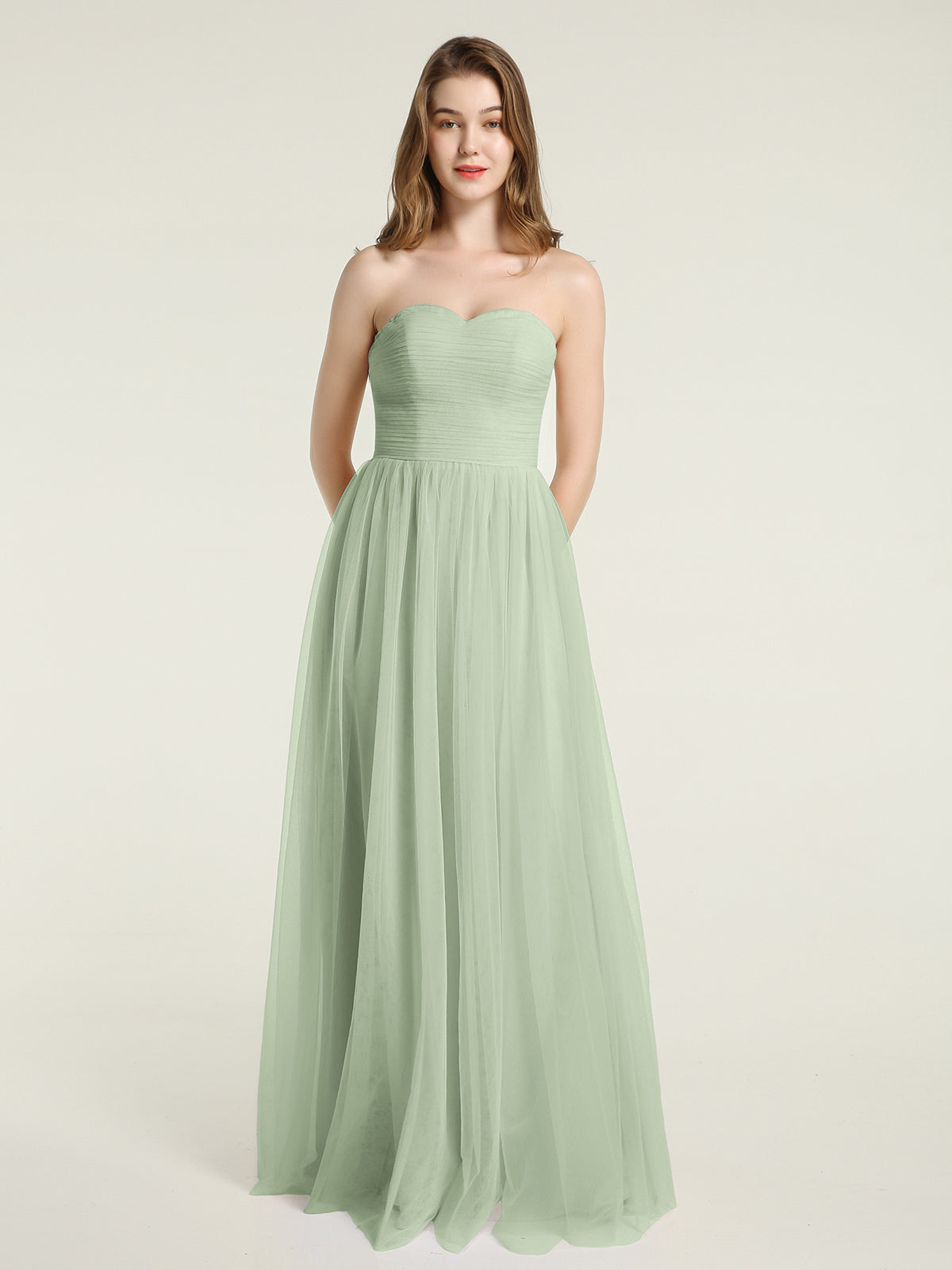 sage green junior bridesmaid dresses uk BABARONI Chiffon Lace Dusty Sage Junior Bridesmaid Dresses A-line Illusion  Floor-length Sleeveless – BABARONI UK main image 0