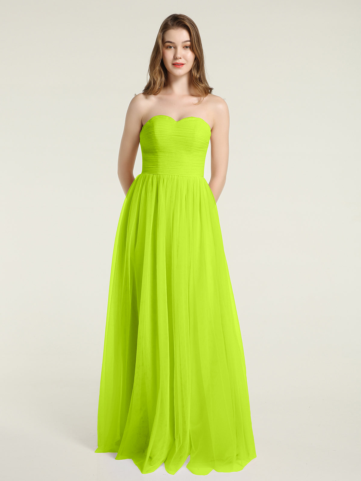 BABARONI Tulle Lime Green Bridesmaid Dresses Sweetheart Floor-length  Sleeveless Ruched A-line