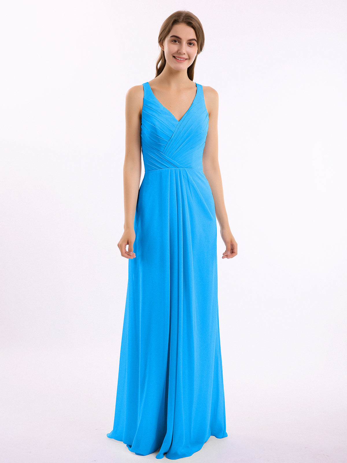 BABARONI Chiffon Ocean Blue Bridesmaid Dresses V-neck Floor-length