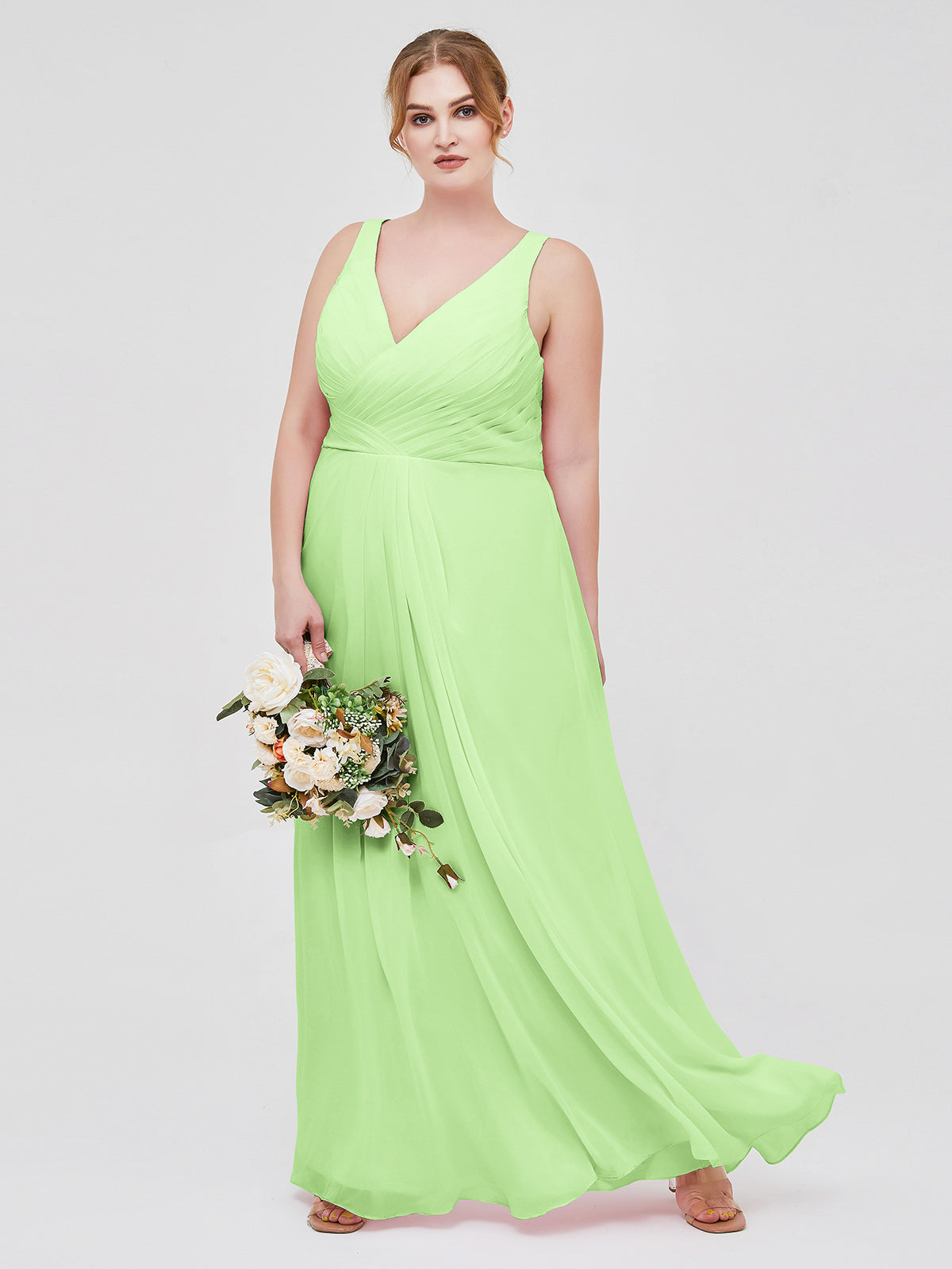 Open Back Chiffon Long Dresses with V-neck Dusty Sage Plus Size