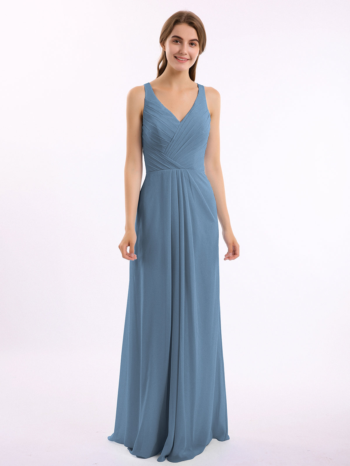 blue dress for baby girl BABARONI V-Neck Chiffon Bridesmaid Dress with Open Back Slate Blue, Slate Blue / US0