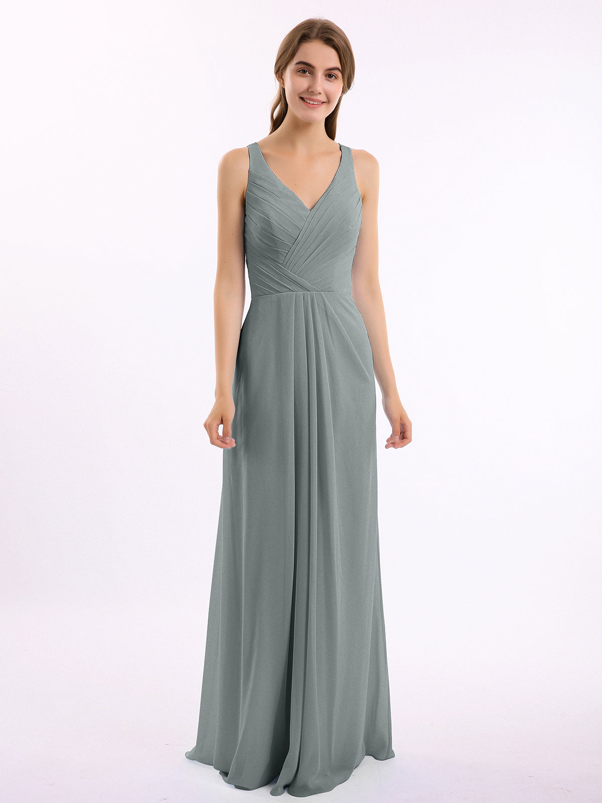 BABARONI Chiffon Steel Grey Bridesmaid Dresses V-neck Floor-length Backless Straps Ruched A-line, Steel Grey / US0