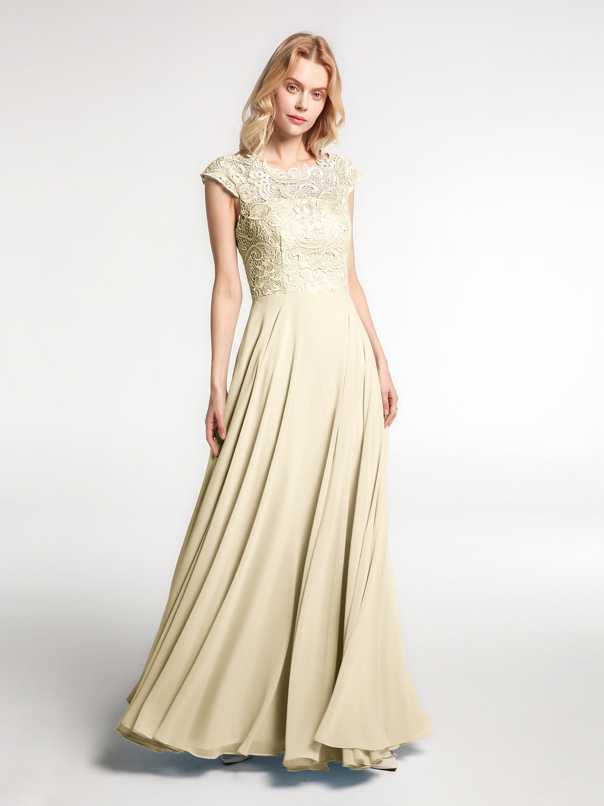 Illusion Neck Long Chiffon Dresses with Beaded Champagne
