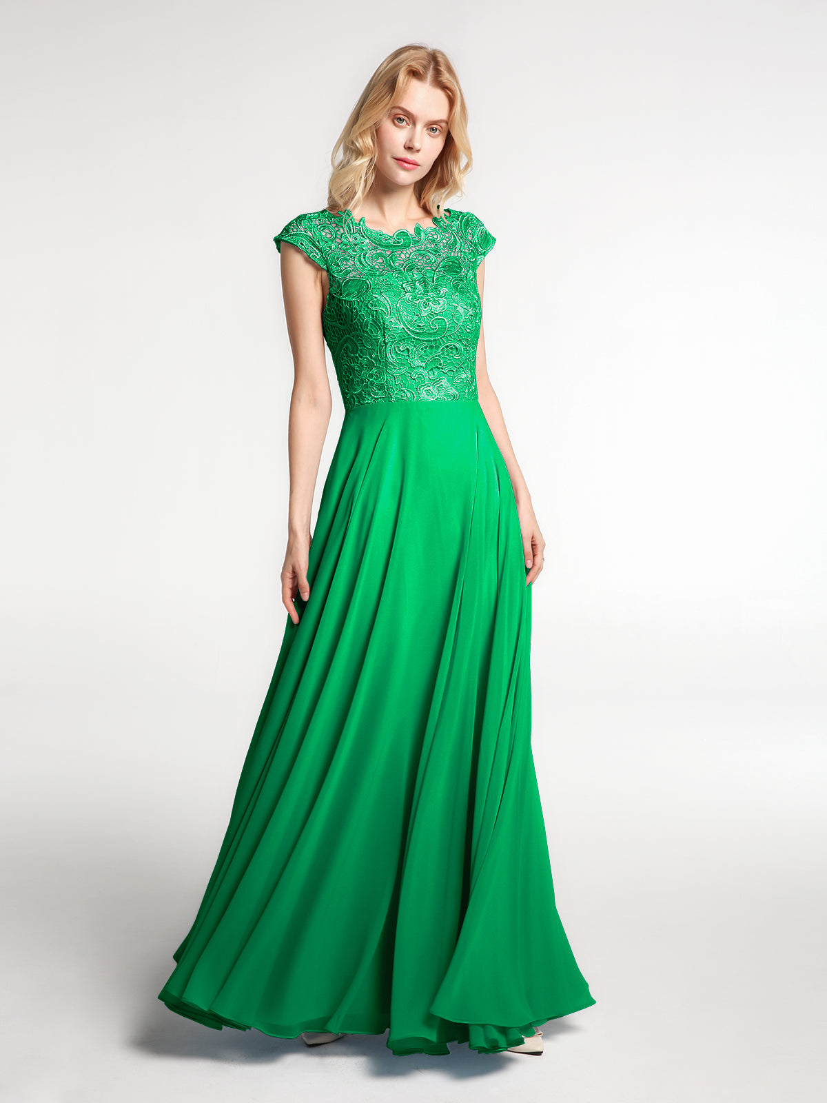 chinese dress ladies BABARONI Illusion Wrap Neck Lace and Chiffon Maxi Dress-Emerald Plus size, Emerald / US18