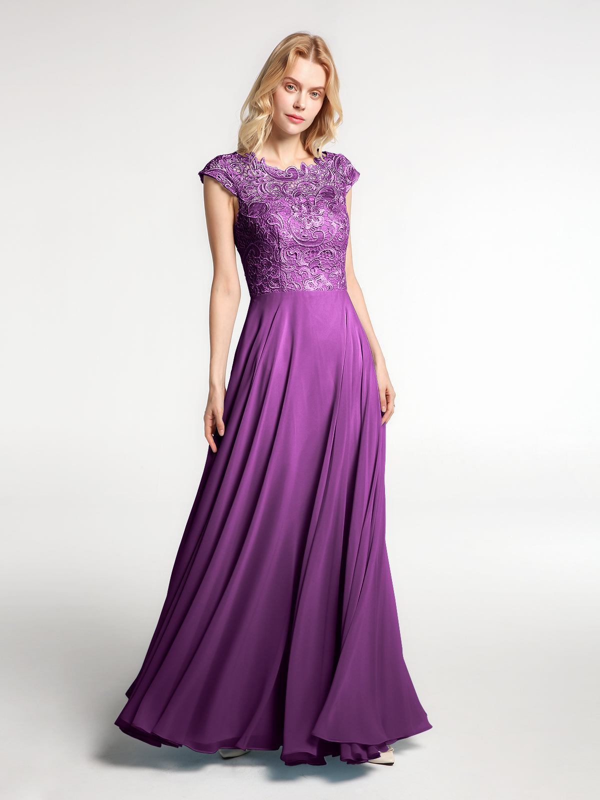grape maxi dress BABARONI Illusion Wrap Neck Lace and Chiffon Maxi Dress-Grape Plus Size, Grape / US18