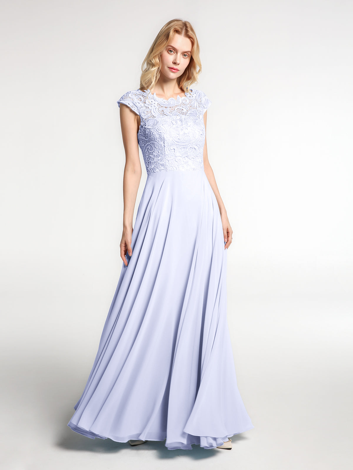 BABARONI Illusion Wrap Neck Lace and Chiffon Maxi Dress-Lavender, Lavender / US0