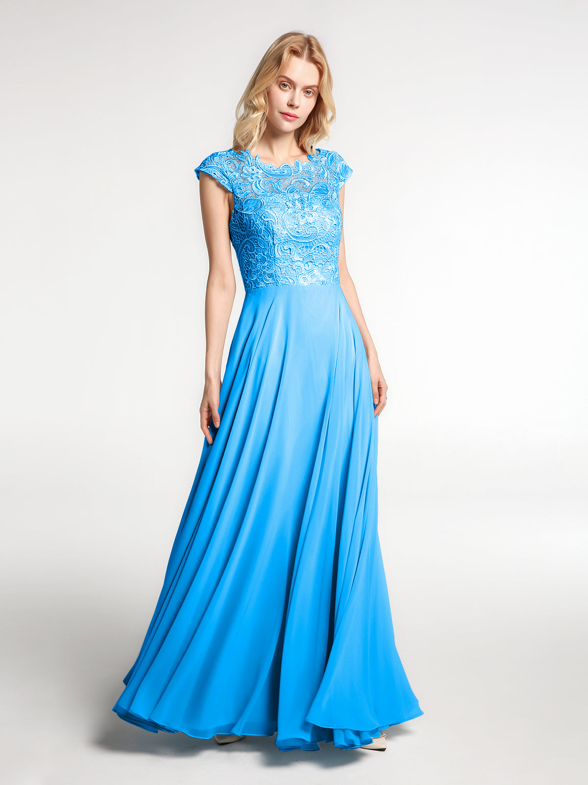 BABARONI Illusion Wrap Neck Lace and Chiffon Maxi Dress-Ocean Blue Plus size, Ocean Blue / US18