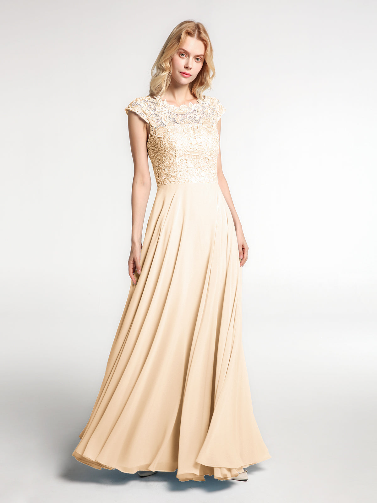 chinese dress ladies BABARONI Illusion Wrap Neck Lace and Chiffon Maxi Dress-Peach Plus size, Peach / US18