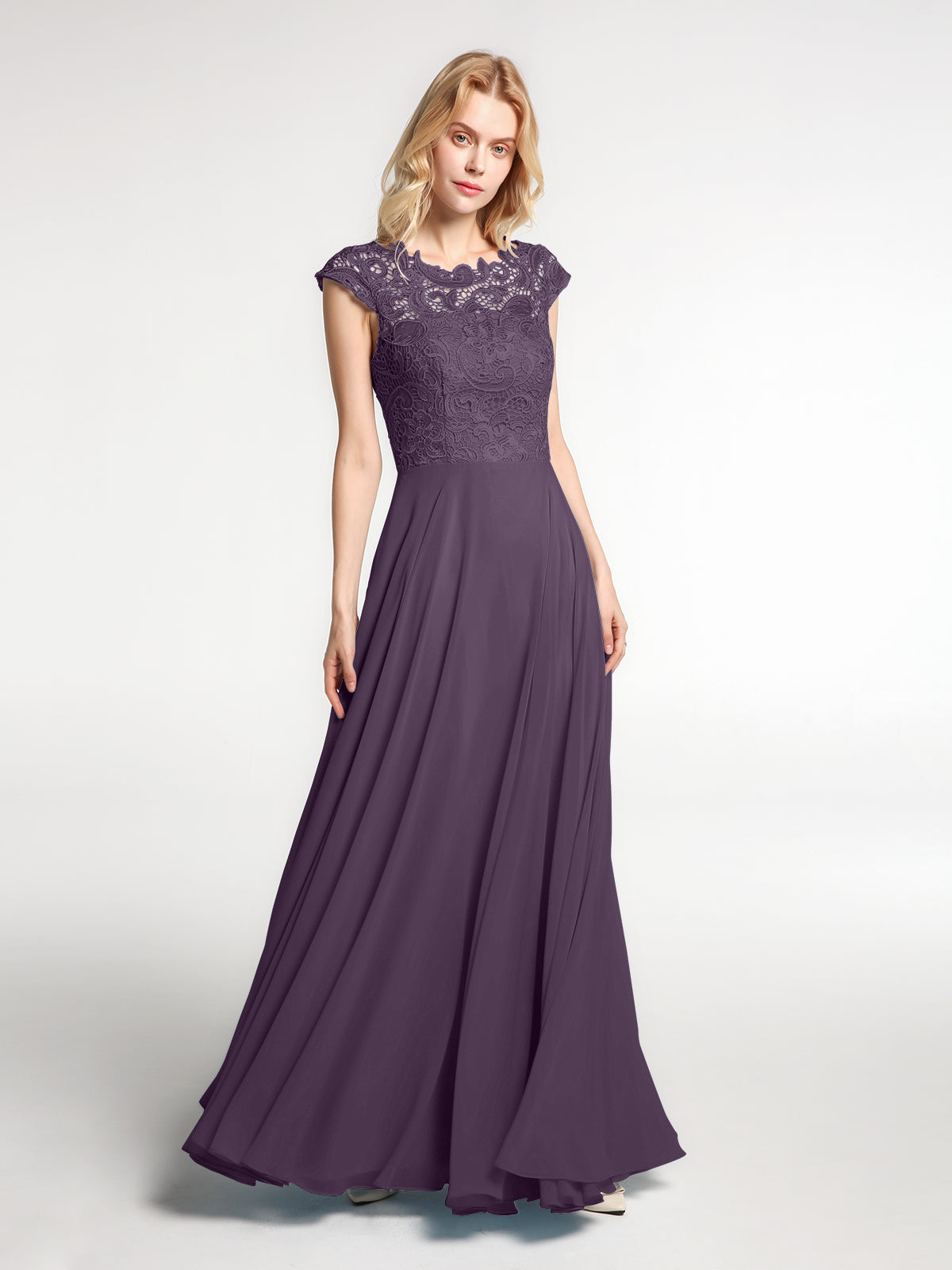 BABARONI BABARONI Lace Plum Bridesmaid Dresses Illusion Floor-length Cap Sleeve A-line, Plum / US0 BABARONI BABARONI Lace Plum Bridesmaid Dresses Illusion Floor-length Cap Sleeve A-line, Plum / US0