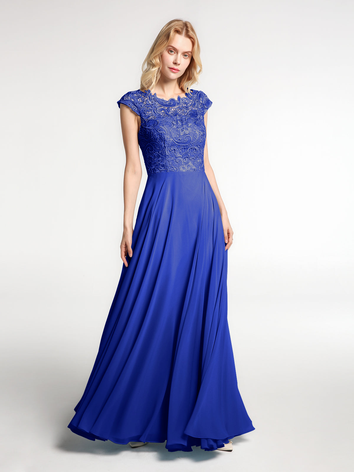 BABARONI Illusion Wrap Neck Lace and Chiffon Maxi Dress-Royal Blue, Royal Blue / US0 BABARONI Illusion Wrap Neck Lace and Chiffon Maxi Dress-Royal Blue, Royal Blue / US0