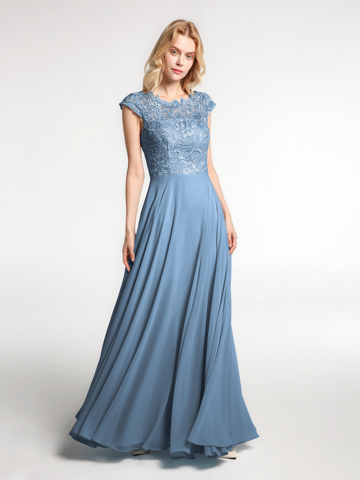 BABARONI Illusion Wrap Neck Lace and Chiffon Maxi Dress-Slate Blue, Slate Blue / US0 BABARONI Illusion Wrap Neck Lace and Chiffon Maxi Dress-Slate Blue, Slate Blue / US0
