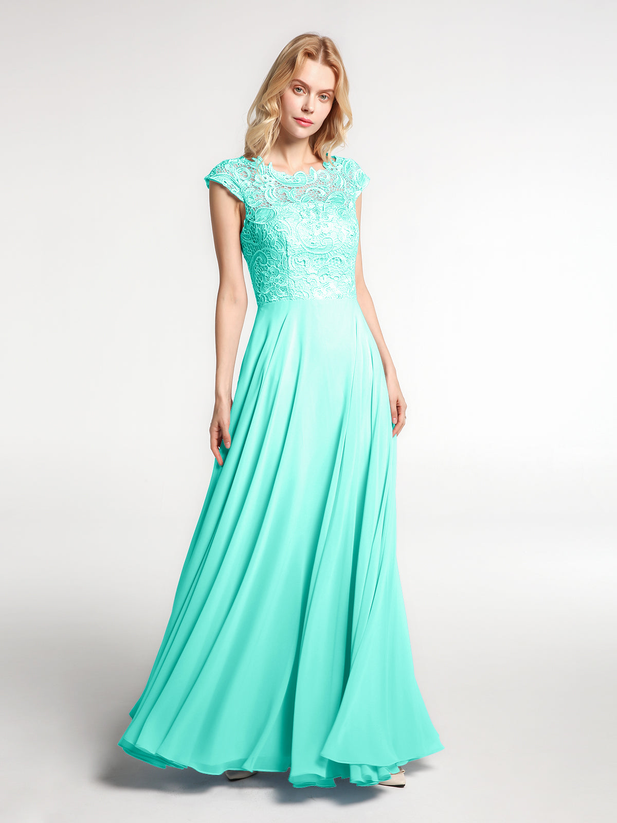 BABARONI Illusion Wrap Neck Lace and Chiffon Maxi Dress-Spa, Spa / US0
