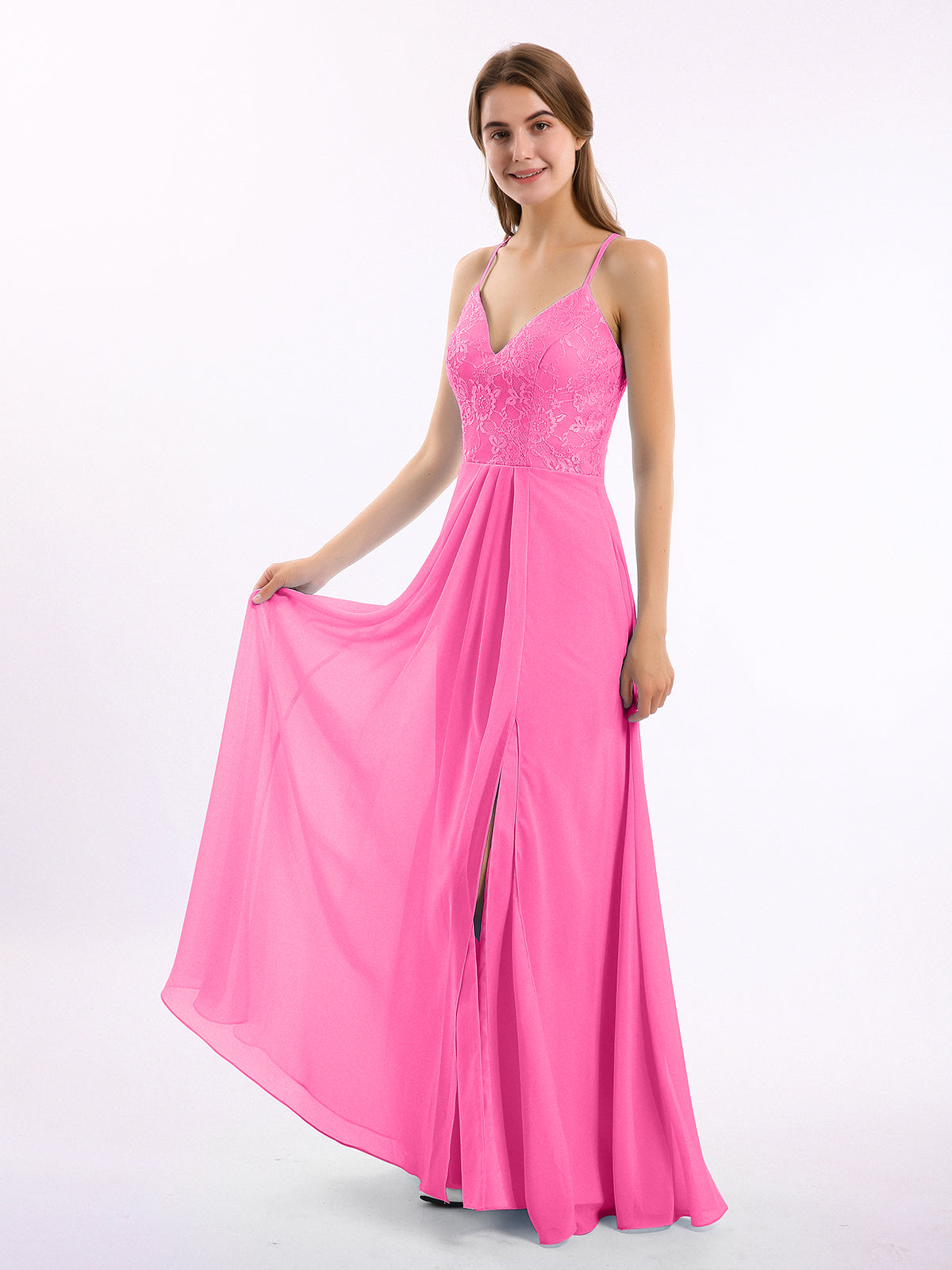 BABARONI Lace Bodice Chiffon Skirt Dresses with Slit Azalea, Azalea / US0