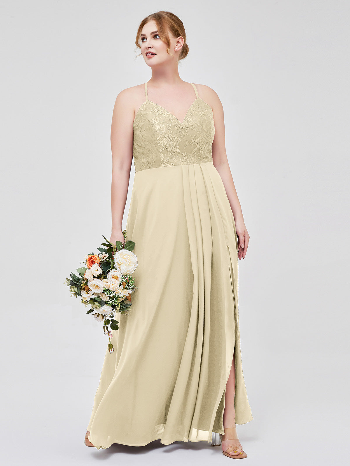 A-Line Chiffon Dress with Flower Appliqued Champagne Plus Size