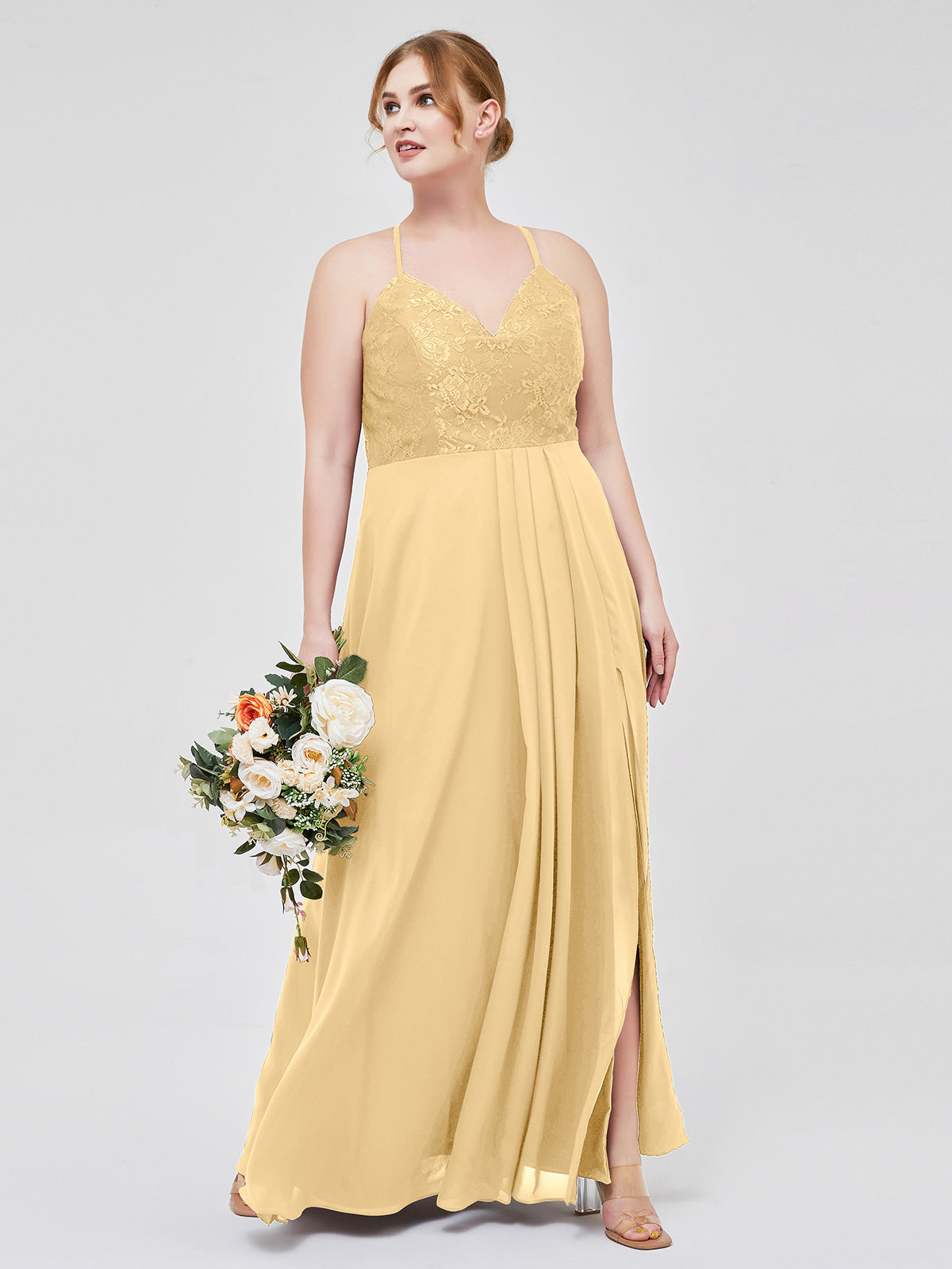 BABARONI Lace Bodice Chiffon Skirt Dresses with Slit Gold Plus Size, Gold / US18